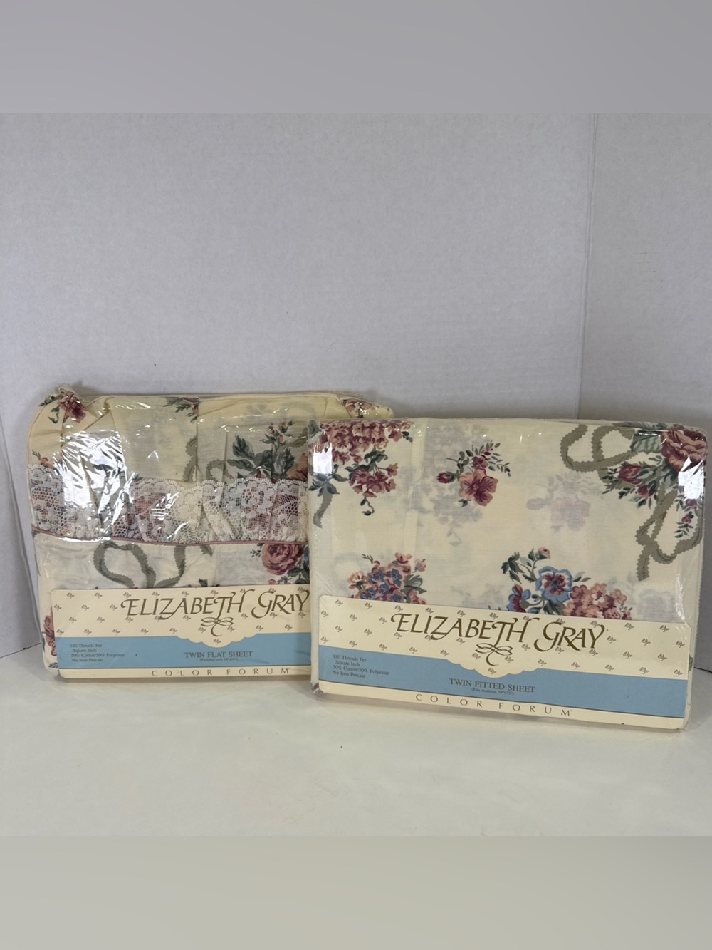 Vintage Elizabeth Gray Victoria Floral Twin & Fitted Sheet Set NEW Cottage